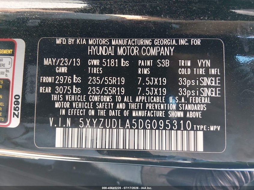 2013 Hyundai Santa Fe Sport 2.0T VIN: 5XYZUDLA5DG095310 Lot: 45645228