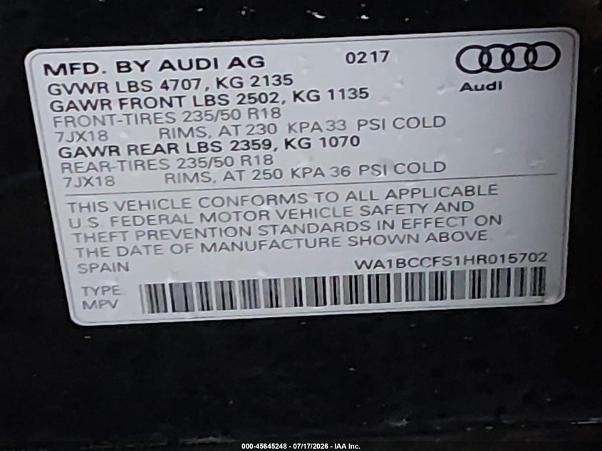 2017 Audi Q3 2.0T Premium VIN: WA1BCCFS1HR015702 Lot: 45645248
