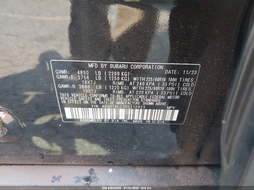 2024 Subaru Outback Onyx Edition VIN: 4S4BTALC7R3210923 Lot: 45645269