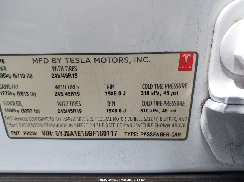 2016 Tesla Model S 60/70/75/85 VIN: 5YJSA1E16GF160117 Lot: 45645292
