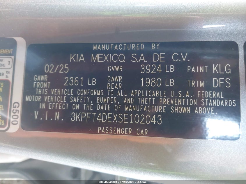 2025 Kia K4 Lxs VIN: 3KPFT4DEXSE102043 Lot: 45645301