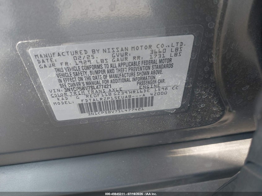 2025 Nissan Kicks Play S VIN: 3N1CP5BV7SL477421 Lot: 45645311