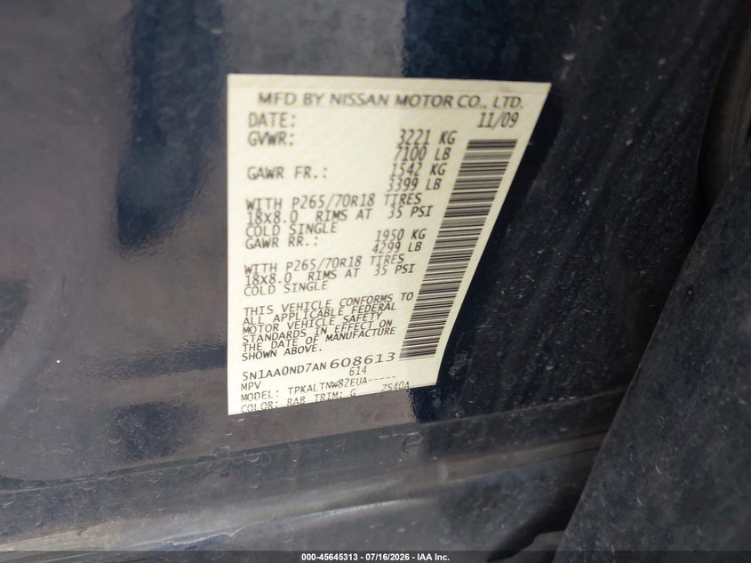 2010 Nissan Armada Se VIN: 5N1AA0ND7AN608613 Lot: 45645313