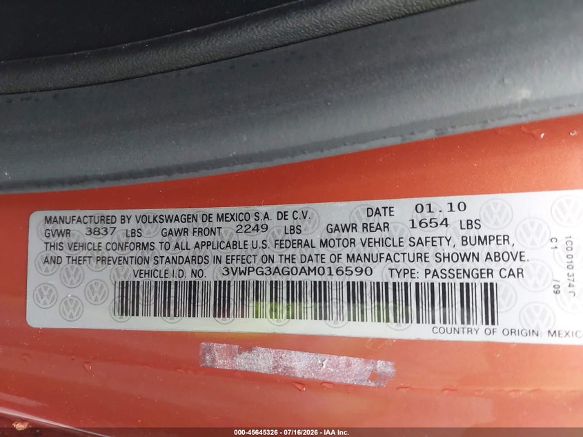 2010 Volkswagen New Beetle 2.5L Red Rock Edition VIN: 3VWPG3AG0AM016590 Lot: 45645326