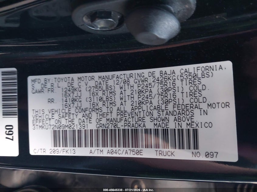 2009 Toyota Tacoma Prerunner V6 VIN: 3TMKU72N09M021391 Lot: 45645338
