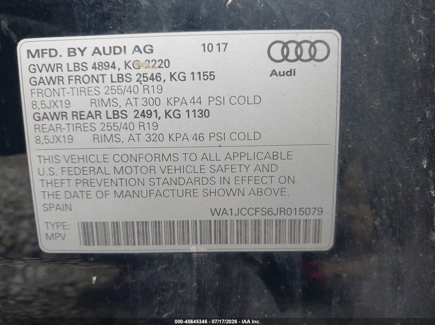 2018 Audi Q3 2.0T Premium/2.0T Sport Premium VIN: WA1JCCFS6JR015079 Lot: 45645346