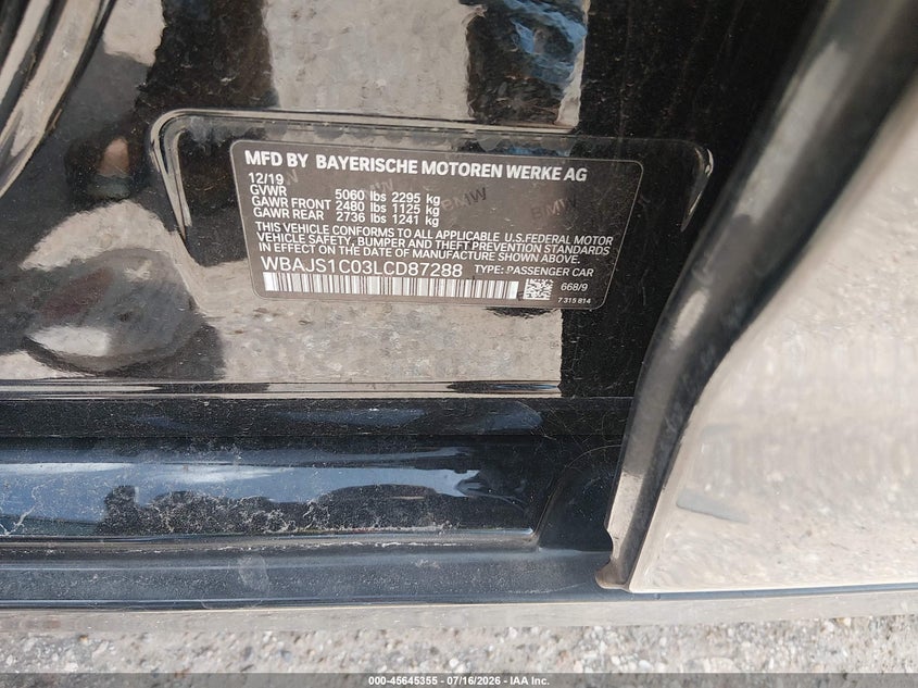2020 BMW 540I VIN: WBAJS1C03LCD87288 Lot: 45645355