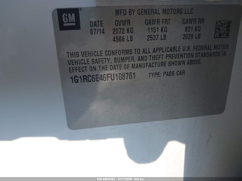 2015 Chevrolet Volt VIN: 1G1RC6E46FU108761 Lot: 45645361
