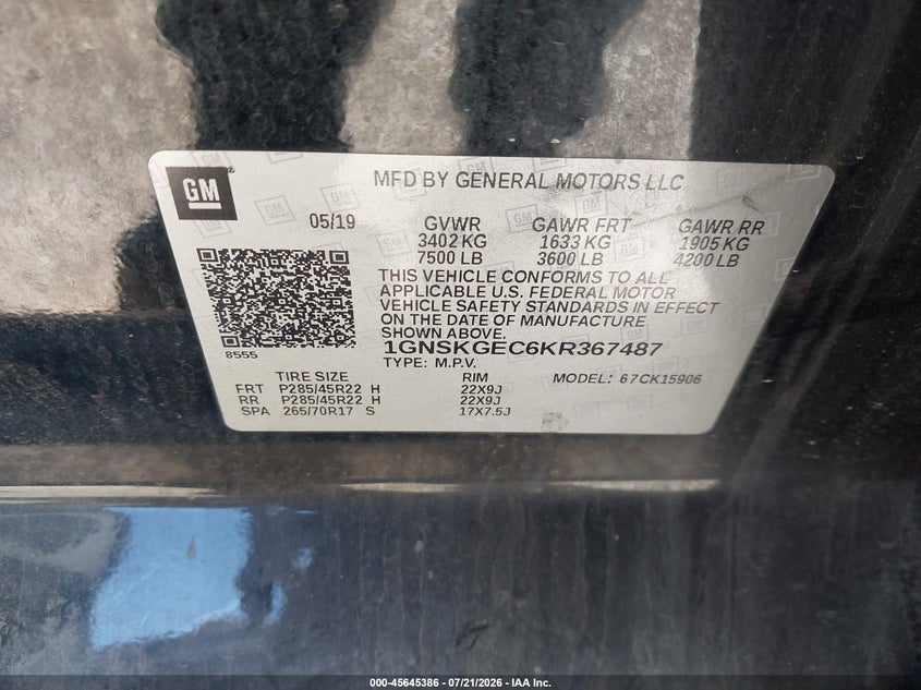 2019 Chevrolet Suburban Ls VIN: 1GNSKGEC6KR367487 Lot: 45645386