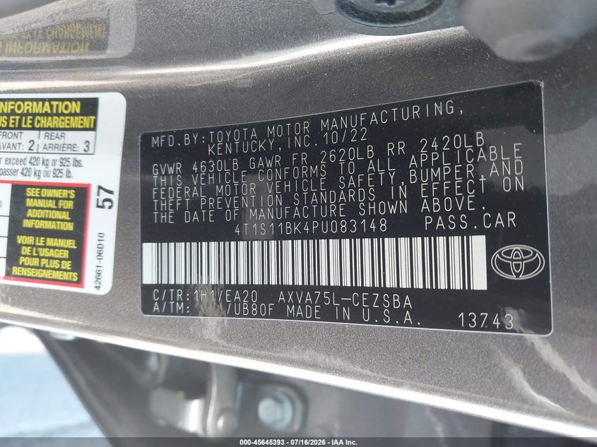 2023 Toyota Camry Se Awd VIN: 4T1S11BK4PU083148 Lot: 45645393