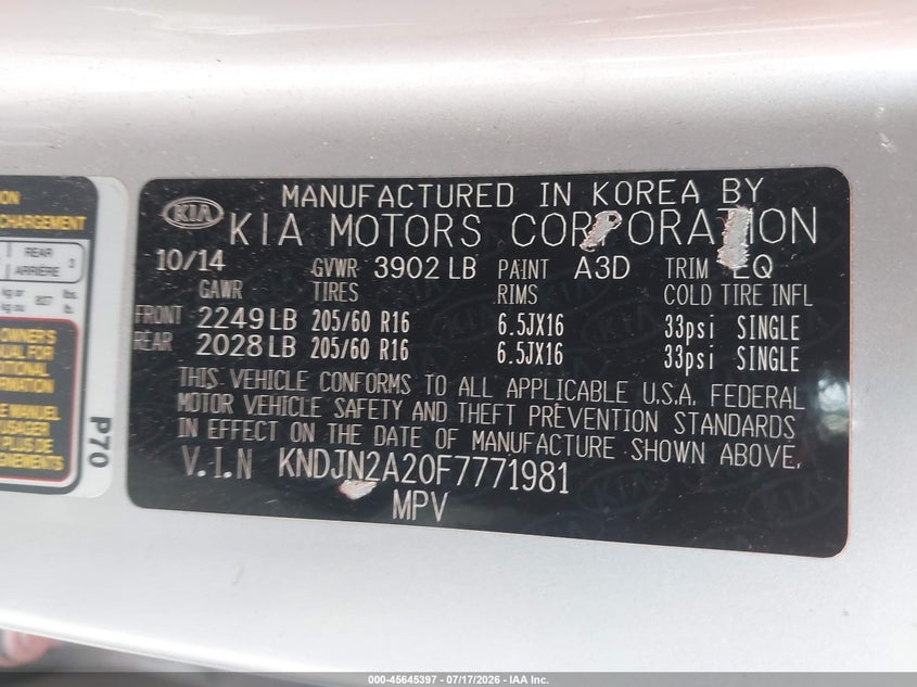 2015 Kia Soul VIN: KNDJN2A20F7771981 Lot: 45645397