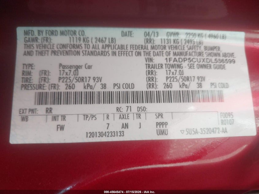 2013 Ford C-Max Energi Sel VIN: 1FADP5CUXDL536599 Lot: 45645474