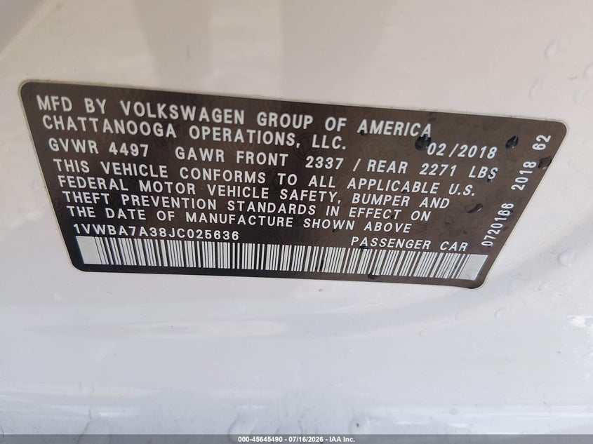 2018 Volkswagen Passat 2.0T Se VIN: 1VWBA7A38JC025636 Lot: 45645490