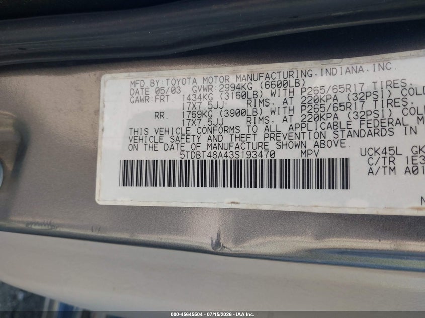 2003 Toyota Sequoia Limited V8 VIN: 5TDBT48A43S193470 Lot: 45645504