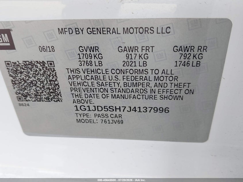 2018 Chevrolet Sonic Lt Auto VIN: 1G1JD5SH7J4137996 Lot: 45645508