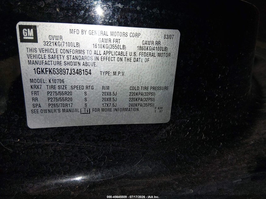 2007 GMC Yukon Denali Denali VIN: 1GKFK63897J348154 Lot: 45645509