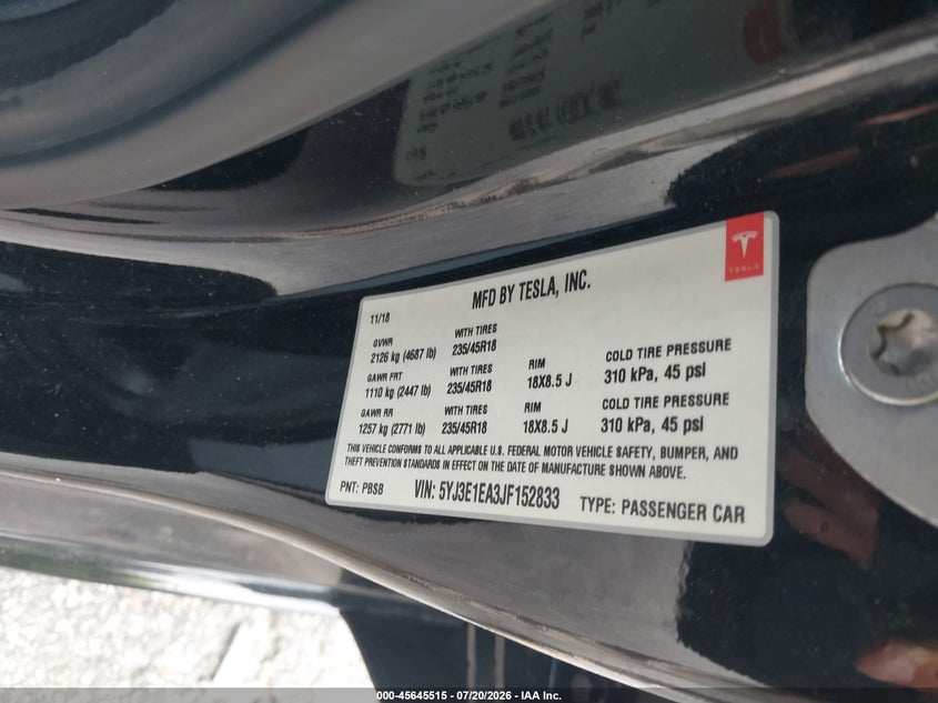 2018 Tesla Model 3 Long Range/Mid Range VIN: 5YJ3E1EA3JF152833 Lot: 45645515