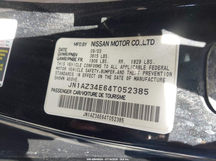 2004 Nissan 350Z VIN: JN1AZ34E64T052385 Lot: 45645524