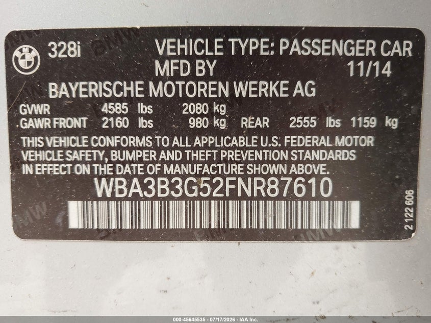 2015 BMW 328I xDrive VIN: WBA3B3G52FNR87610 Lot: 45645535
