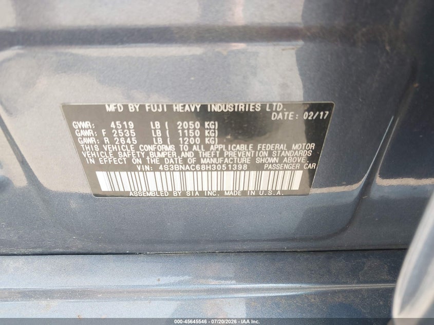 2017 Subaru Legacy 2.5I Premium VIN: 4S3BNAC68H3051398 Lot: 45645546