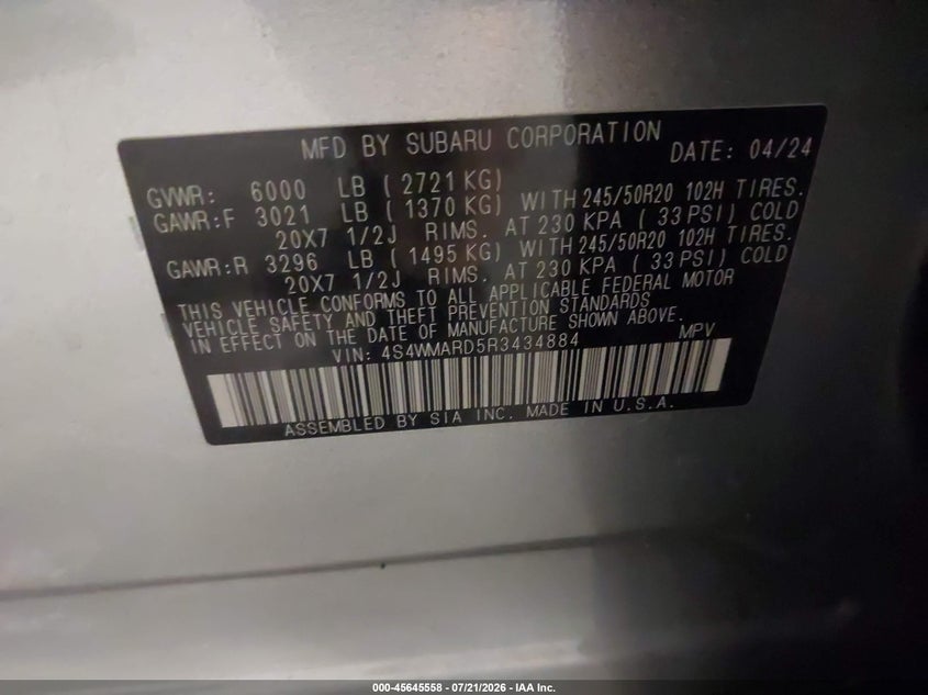 2024 Subaru Ascent Limited 8-Passenger VIN: 4S4WMARD5R3434884 Lot: 45645558