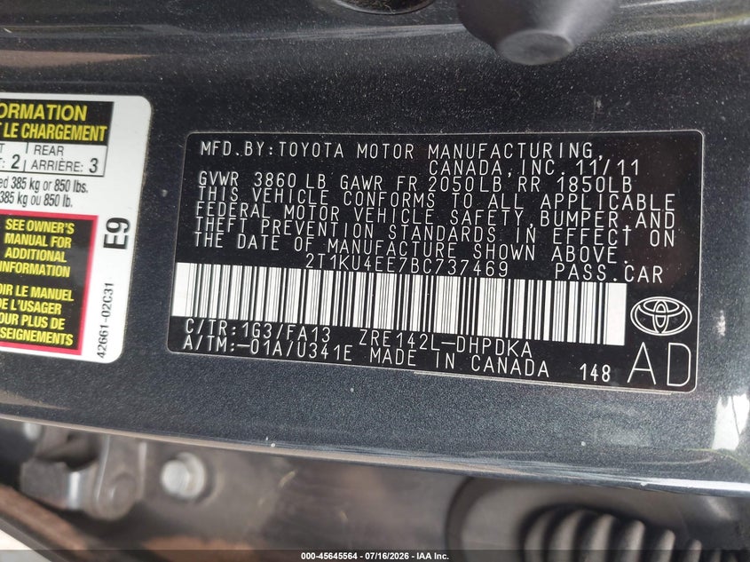 2011 Toyota Matrix VIN: 2T1KU4EE7BC737469 Lot: 45645564