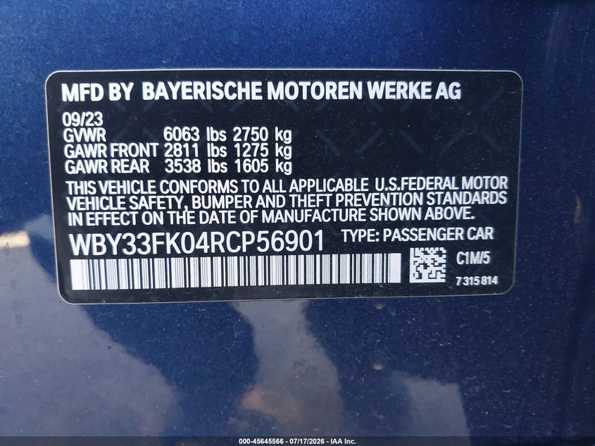 2024 BMW I5 Edrive40 VIN: WBY33FK04RCP56901 Lot: 45645566