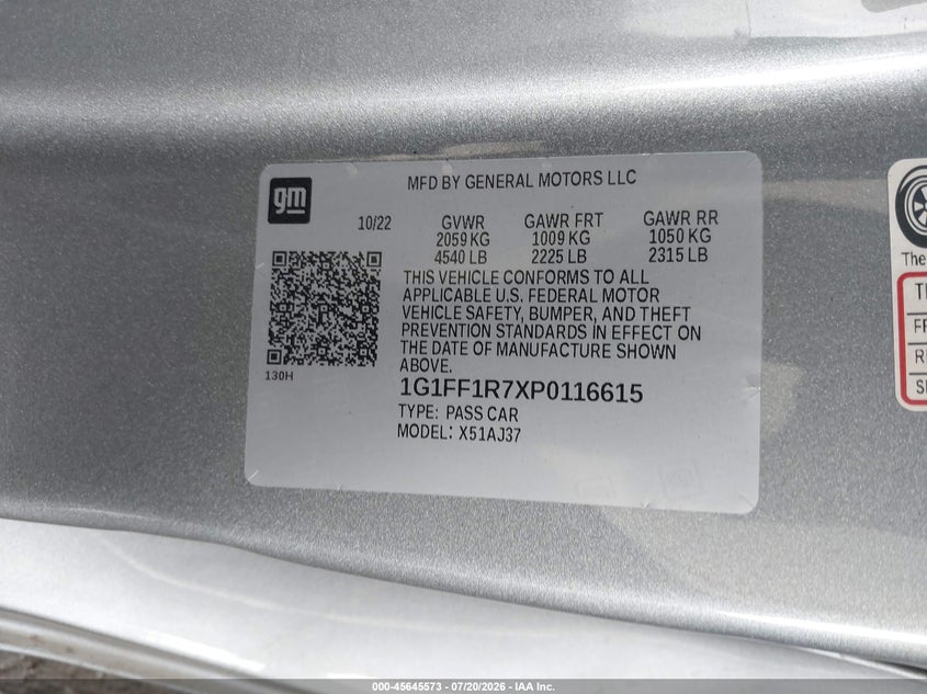 2023 Chevrolet Camaro Rwd 1Ss VIN: 1G1FF1R7XP0116615 Lot: 45645573