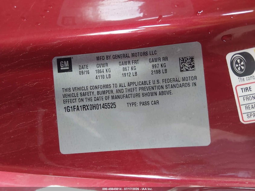 2017 Chevrolet Camaro 1Lt VIN: 1G1FA1RX0H0145525 Lot: 45645614