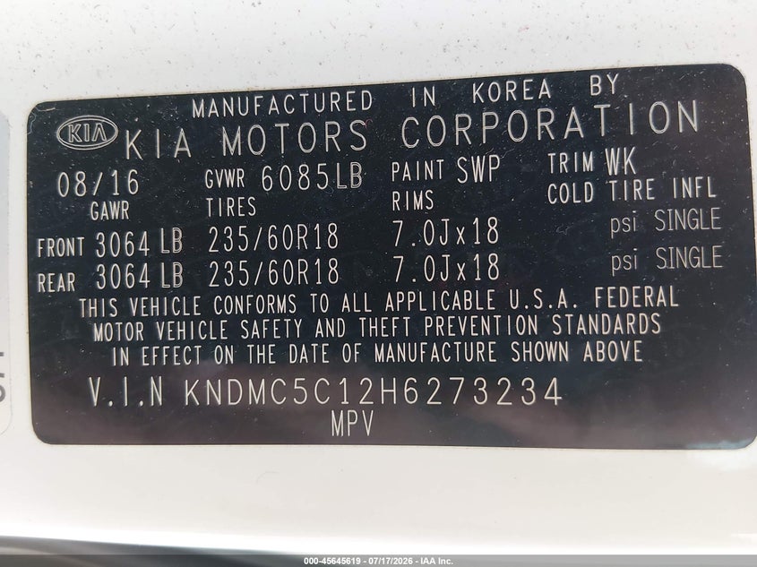 2017 Kia Sedona Ex VIN: KNDMC5C12H6273234 Lot: 45645619
