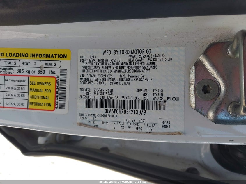 2014 Ford Fusion Se VIN: 3FA6P0H70ER213079 Lot: 45645632