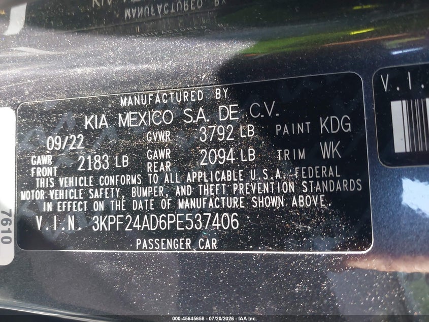 2023 Kia Forte Lxs VIN: 3KPF24AD6PE537406 Lot: 45645658