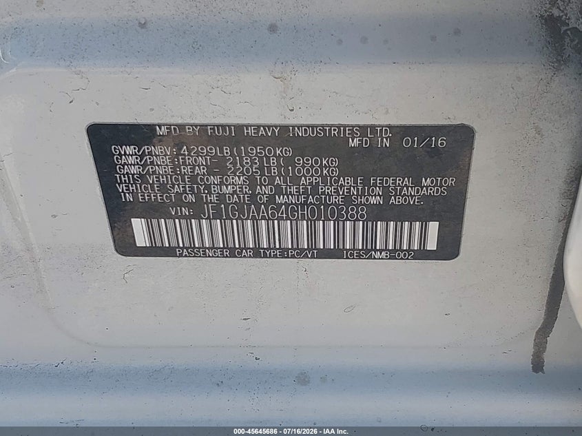 2016 Subaru Impreza 2.0I VIN: JF1GJAA64GH010388 Lot: 45645686