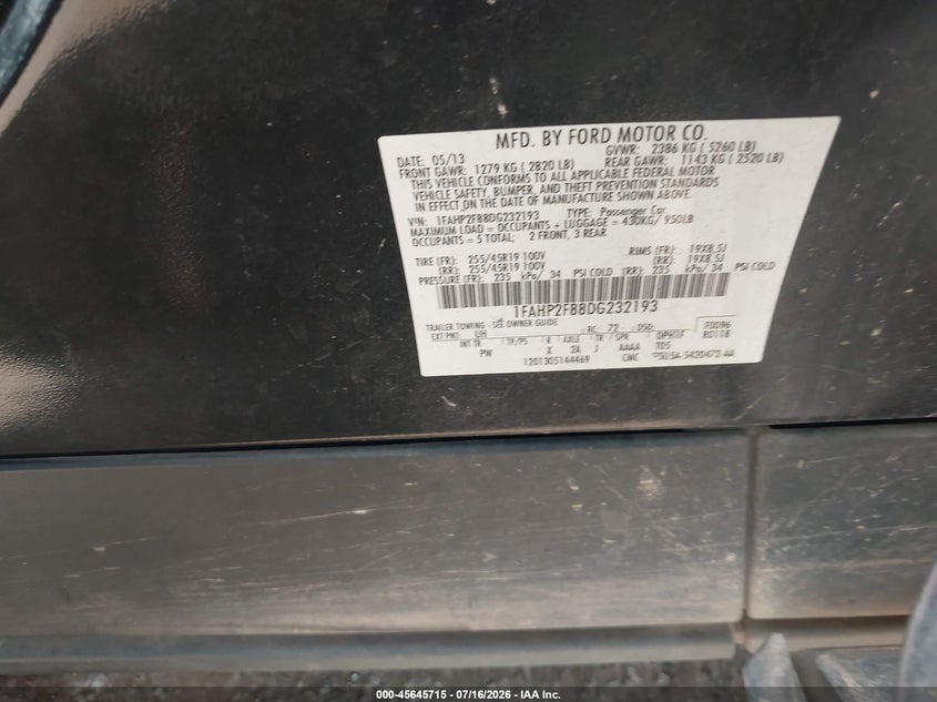 2013 Ford Taurus Limited VIN: 1FAHP2F88DG232193 Lot: 45645715