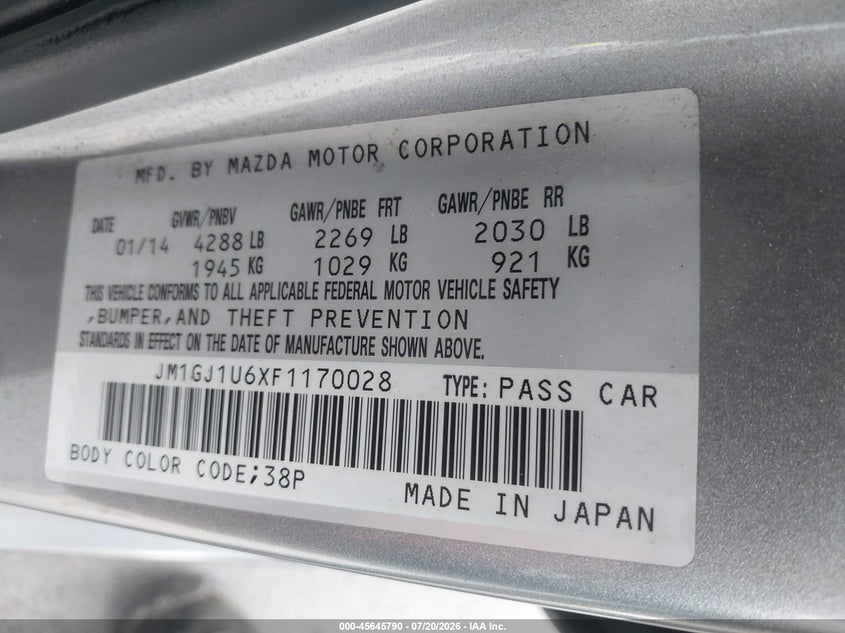 2015 Mazda Mazda6 I Sport VIN: JM1GJ1U6XF1170028 Lot: 45645790