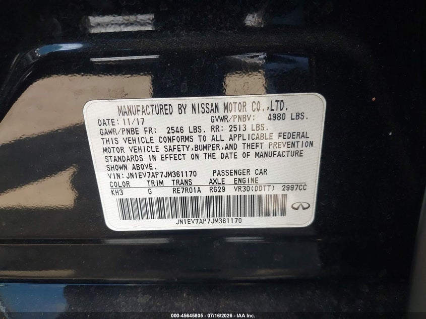 2018 Infiniti Q50 3.0T Luxe VIN: JN1EV7AP7JM361170 Lot: 45645805