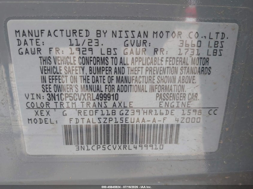 2024 Nissan Kicks Sv Xtronic Cvt VIN: 3N1CP5CVXRL499910 Lot: 45645924