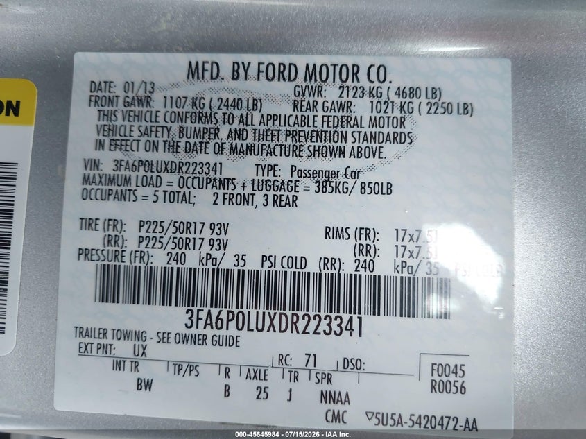 2013 Ford Fusion Hybrid Se VIN: 3FA6P0LUXDR223341 Lot: 45645984