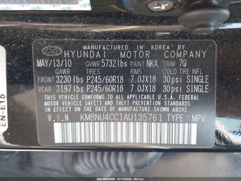 2010 Hyundai Veracruz Limited VIN: KM8NU4CC1AU135761 Lot: 45645989