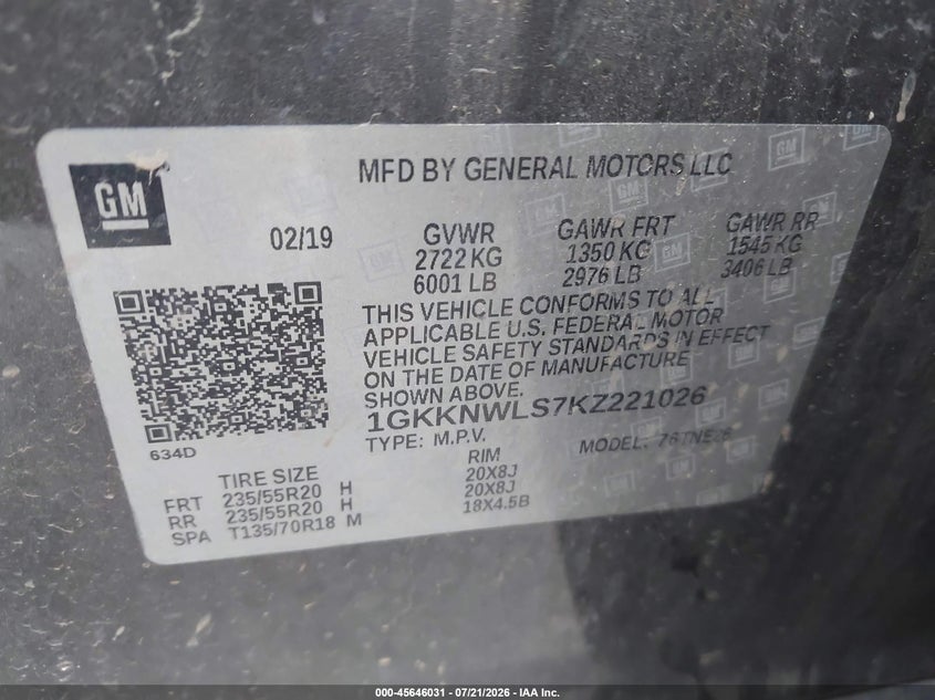2019 GMC Acadia Slt-2 VIN: 1GKKNWLS7KZ221026 Lot: 45646031