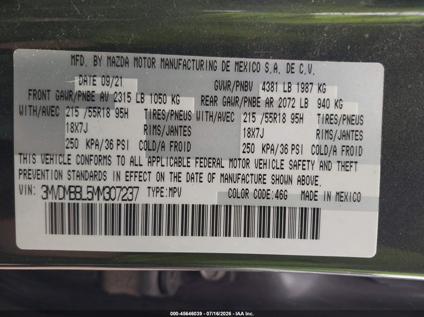 2021 Mazda Cx-30 Select VIN: 3MVDMBBL5MM307237 Lot: 45646039