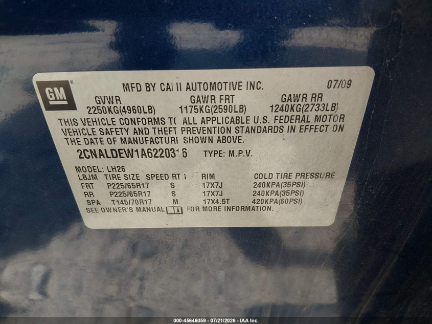 2010 Chevrolet Equinox Lt VIN: 2CNALDEW1A6220316 Lot: 45646059