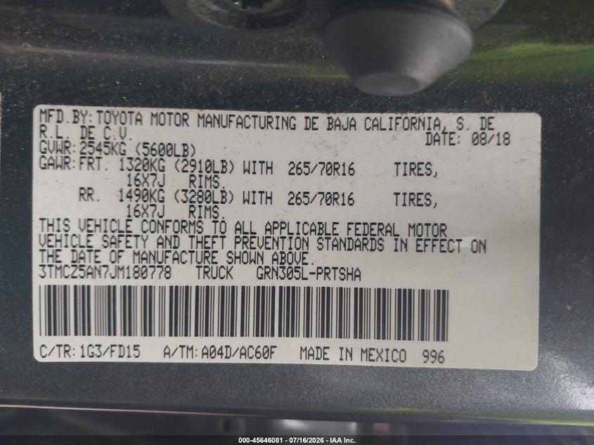 2018 Toyota Tacoma Trd Off Road VIN: 3TMCZ5AN7JM180778 Lot: 45646081