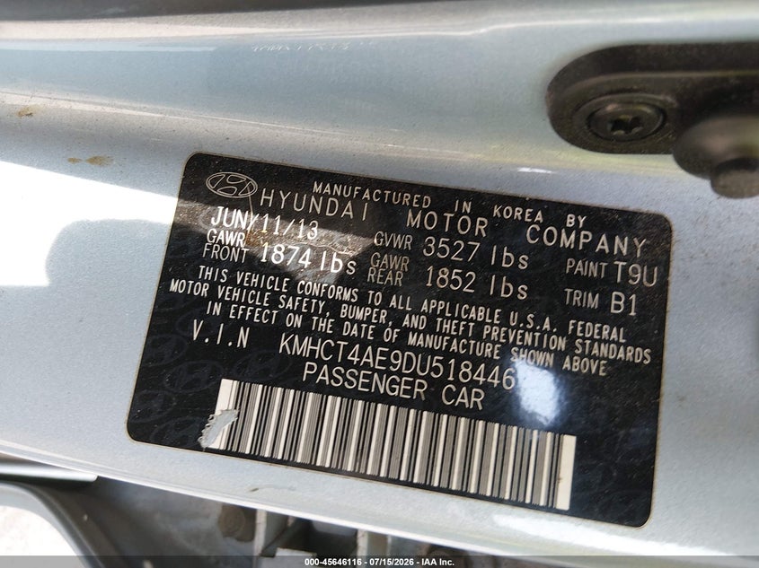 2013 Hyundai Accent Gls VIN: KMHCT4AE9DU518446 Lot: 45646116