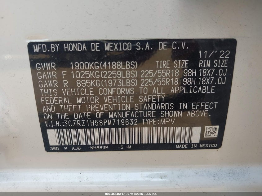 HONDA HR-V 2023 VIN 3CZRZ1H58PM719632