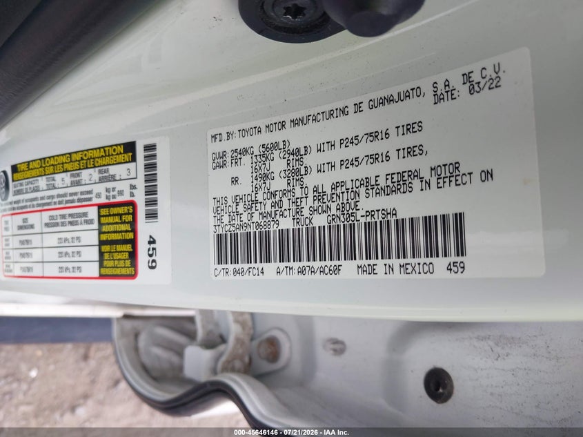2022 Toyota Tacoma Sr5 V6 VIN: 3TYCZ5AN9NT068879 Lot: 45646146