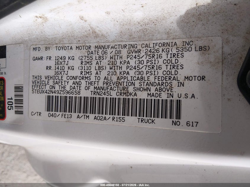 2009 Toyota Tacoma VIN: 5TEUX42N49Z596658 Lot: 45646150