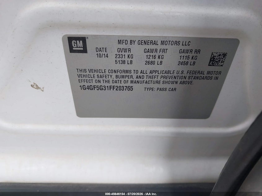 2015 Buick Lacrosse Premium Ii VIN: 1G4GF5G31FF203765 Lot: 45646154