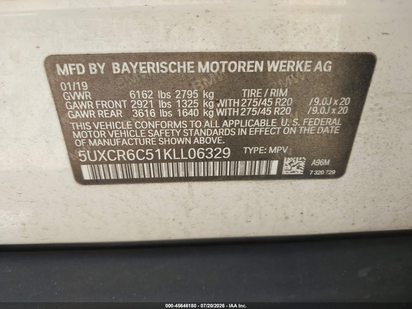 2019 BMW X5 xDrive40I VIN: 5UXCR6C51KLL06329 Lot: 45646180