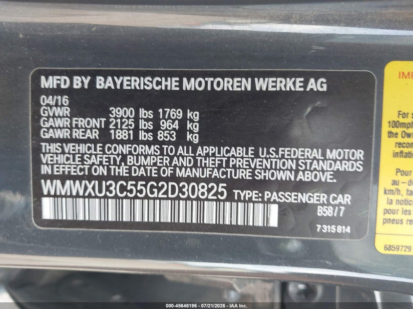 2016 Mini Hardtop Cooper S VIN: WMWXU3C55G2D30825 Lot: 45646196